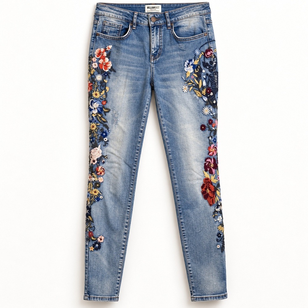 William Rast Perfect Skinny Jeans Womens 29 Blue Floral Embroidered Distressed